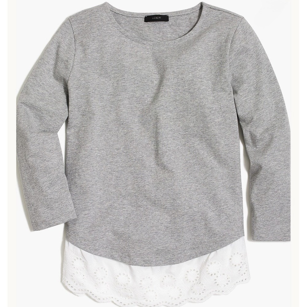 J. Crew Top‎ Women's Small Eyelet Hem Tee 3/4 Sleeve Gray White Cotton